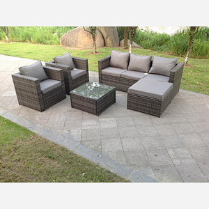Fimous 6 Seater Rattan Sofa Set Coffee Table Chair Footstool Outdoor Garden Furniture Grey