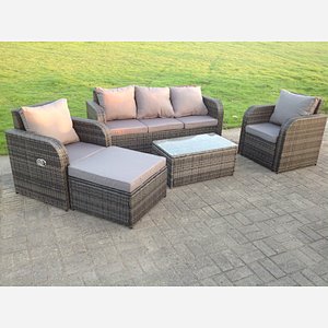 6 Seater Rattan Reclining Sofa Oblong Coffee Table Set （Gray）