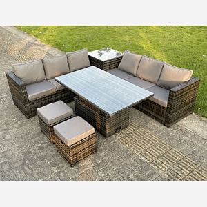 8 Seater Corner Rattan Sofa Set Rising Table Footstool Outdoor Garden Furniture Grey