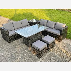 8 Seater Corner Rattan Sofa Set Rising Table Footstool Outdoor Garden Furniture Grey