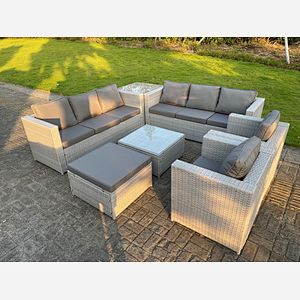 Outdoor Garden Furniture Lounge Sofa Set 9 Seater Corner Table Chair Footstool Rattan Light Grey