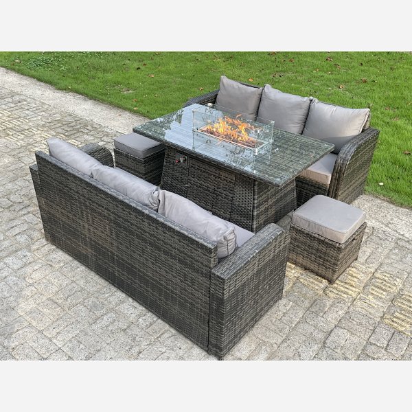 Rattan Outdoor Furniture Gas Fire Pit Rectangle Dining Table Gas Heater