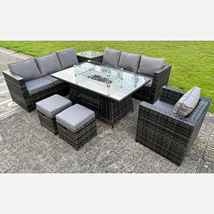 9 seater Outdoor Rattan Garden Corner Furniture Set Gas Fire Pit Table Sets Gas Heater Lounge Chair Small Footstool Dark Grey