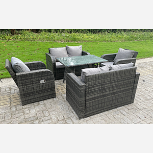 Rattan Garden Furniture Set 6 Seater Lounge Patio Sofa with Cushions Glass Loveseat Sofa Rectangle Table Sets Dark Grey Mixed