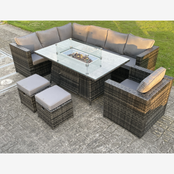 9 Seater Outdoor Rattan Garden Furniture Gas Fire Pit Table Sets Gas