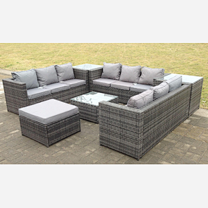 10 seater U shape rattan sofa set outdoor garden furniture patio with 3 table Dark Grey Mixed