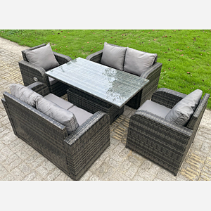 Rattan Garden Furniture Set 6 Seater Lounge Patio Sofa with Cushions Glass Loveseat Rising Adjustable Table Sets Dark Grey Mixed