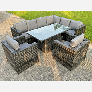 (extra 2 chairs) rattan corner sofa set with adjustable dining table dark mixed grey