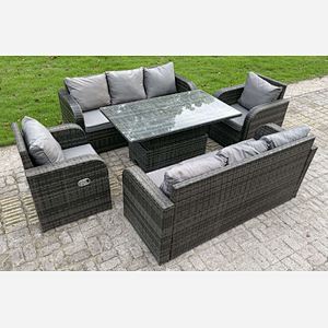 Rattan Garden Furniture Set 8 Seater Lounge Patio Sofa with Cushions Glass Rising Adjustable Table Sets Dark Grey Mixed