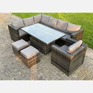 (extra 1chair +2small footstools) rattan corner sofa set with lift table dark mixed grey