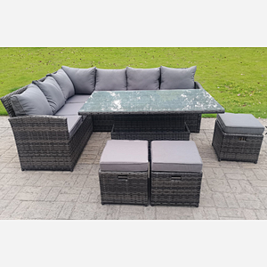 High Back Corner Rattan Garden Furniture Sofa Rising Dining Table Height Adjustable 9 Seater 3 Small Foot Stools