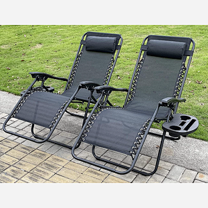 Fimous 2 PC Folding Chair Adjustable Sun Lounger With Cup Holder Black