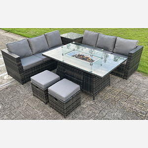 8 seater Outdoor Rattan Garden Corner Furniture Set Gas Fire Pit Table Sets Gas Heater Lounge Small Footstools Dark Grey