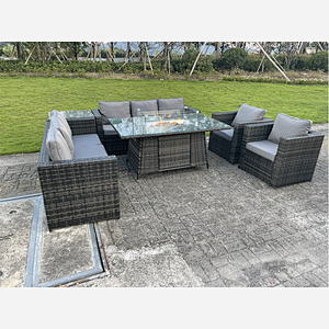 Outdoor Rattan Garden Furniture Gas Fire Pit Table Sets Gas Heater Lounge Chairs Dark Grey 10 seater