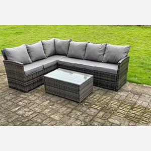 Fimous High Back Dark Mixed Grey Rattan Corner Sofa Set Outdoor Furniture Rectangular Coffee Table 6 Seater