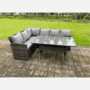 Fimous High Back Dark Mixed Grey Rattan Corner Sofa Set Outdoor Furniture Rectangular Dining Table 6 Seater