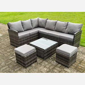 Fimous High Back Dark Mixed Grey Rattan Corner Sofa Set Outdoor Furniture Square Coffee Table 2 Small Footstools 8 Seater