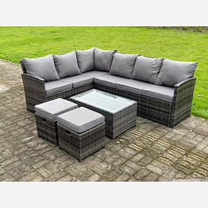 Fimous High Back Dark Mixed Grey Rattan Corner Sofa Set Outdoor Furniture Rectangular Coffee Table 2 Small Footstools 8 Seater