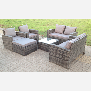 Fimous High Back Dark Mixed Grey Rattan Sofa Set Outdoor Furniture Square Coffee Table Big Footstool Chairs 2 Seater Love Sofa 7 Seater