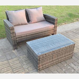 Fimous Dark Mixed Grey High Back Rattan Garden Furniture 2 Seater Love Seat Sofa With Oblong Coffee Table