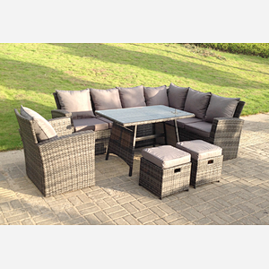 Fimous 9 Seater High Back Dark Mixed Grey Rattan Corner Sofa Set Outdoor Furniture Rectangular Dining Table 2 Footstools Chair
