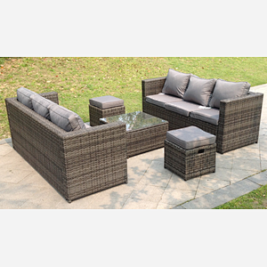 Fimous Dark Grey Rattan Garden Outdoor Sofa Set Square Coffee Table Small Footstools 8 Seater