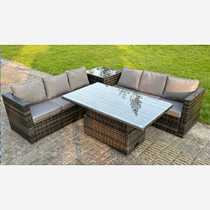 Fimous 6 Seater PE Rattan Corner Sofa Set Rising Adjustable Dining Table Set  High Side Table With Seat And Back Cushion