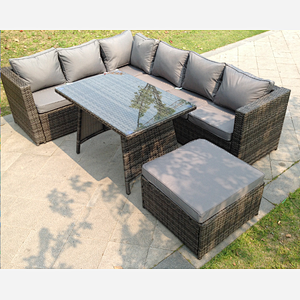 Fimous 7 Seater Grey Rattan Sofa Dining Set Table Ottoman Garden Furniture Outdoor