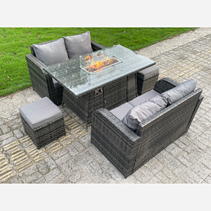 Fimous Outdoor Rattan Garden Furniture Sofa Set Dining Table Gas Fire Pit Table Two Seater Double Love Sofa Footstools 6 Seater