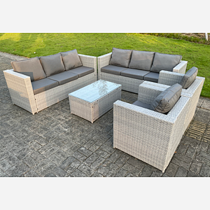 Fimous Light Grey Outdoor PE Rattan Garden Furniture Set Wicker Sofa Set Oblong Coffee Table 2 Armchair