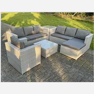 Fimous Light Grey Outdoor Rattan Garden Furniture Set Corner Sofa Set 2 Coffee Table Big Footstool Armchair