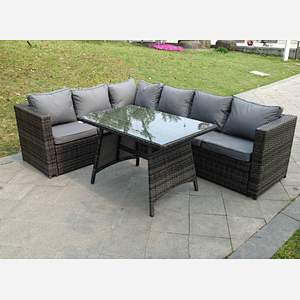 Fimous 6 Seater Grey Rattan Corner Sofa Set Dining Table Foot Rest Garden Furniture Outdoor