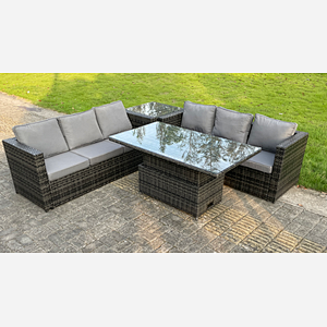 Fimous 9 Seater Outdoor Rattan Sofa Set Adjustable Rising Lifting Side Tables Chairs Footstool Dark Grey Mixed