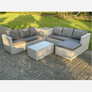 Fimous Light Grey Outdoor Rattan Garden Furniture Set Lounge Sofa Set 2 Coffee Table Big Footstool