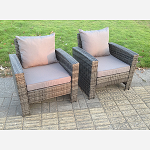 Fimous 2 PC PE Wicker High Back Rattan Garden Arm Chair Patio Outdoor Garden Furniture Accessory Dark Grey Mixed