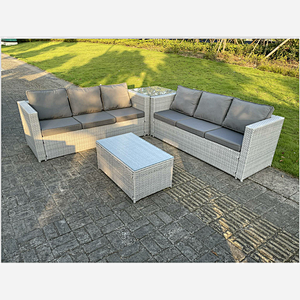 Fimous Light Grey Outdoor Rattan Garden Furniture Set Corner Sofa With 2 Coffee Table