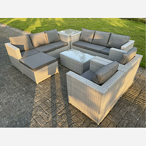 Fimous 9 Seater Light Grey Outdoor PE Rattan Garden Furniture Set Sofa Set Coffee Table Footstool 2 Armchair
