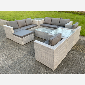 Fimous Light Grey Outdoor PE Rattan Garden Furniture Set Wicker Sofa Set Rectanguar Coffee Table 2 Armchair 2 Side Table 9 Seat