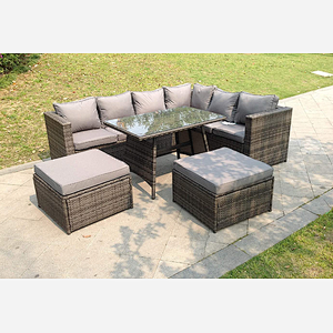 Fimous 8 Seater Grey Rattan Corner Sofa Set Dining Table 2 Big Footstool Garden Furniture Outdoor With Clear Tempered Glass