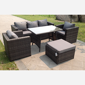 Fimous Grey Lounge Rattan Sofa Dining Table Set Chairs Ottoman Garden Furniture Outdoor