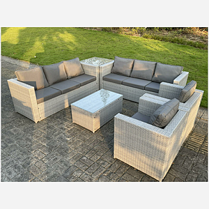 Fimous 6 PC Light Grey Outdoor PE Rattan Garden Furniture Set Wicker Sofa Coffee Table 2 Armchair