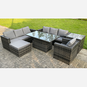Fimous 8 Seater Outdoor Rattan Sofa Set Adjustable Rising Lifting Side Tables Chairs Footstool Dark Grey Mixed
