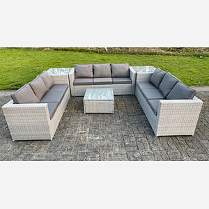 Fimous Light Grey Lounge Outdoor PE Rattan Garden Furniture Set Wicker Sofa Set Square Coffee Table 2 Side Table 9 Seat