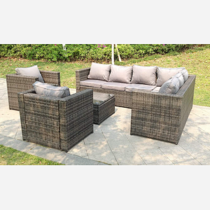Fimous 8 Seater Grey Rattan Corner Sofa Set Coffee Table 2 Armchairs Garden Furniture Outdoor