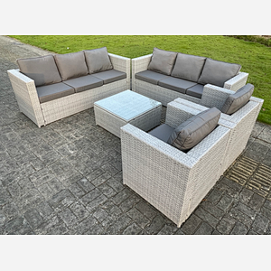 Fimous 8 Seater Light Grey Outdoor PE Rattan Garden Furniture Set Wicker Sofa Set Square Coffee Table 2 Armchair