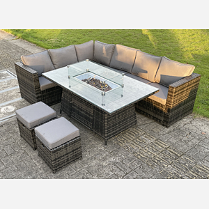 Fimous 8 Seater PE Rattan Corner Sofa Set Gas Fire Pit Dining Table Set Heater With 2 Small Stools