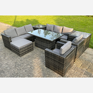 Fimous 9 Seater Outdoor Rattan Garden Furniture Adjustable Rising Lifting Table With 2 Side Coffee Tables Chairs Footstool