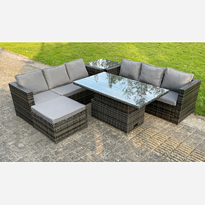 Fimous 7 Seater Outdoor Rattan Sofa Set Adjustable Rising Lifting Dining Table Side Tea Coffee Table Footstool Dark Grey Mixed