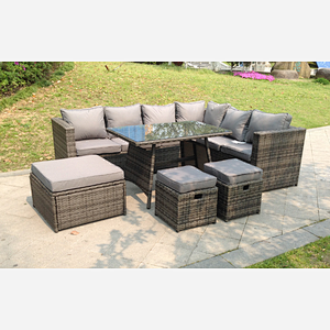 Fimous 9 Seater Grey Rattan Corner Sofa Set Dining Table with 2 Small Footstool Garden Furniture Outdoor