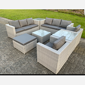 Fimous Light Grey Outdoor PE Rattan Garden Furniture Set Wicker Sofa Set Square Coffee Table 2 Armchair 2 Side Table 9 Seat